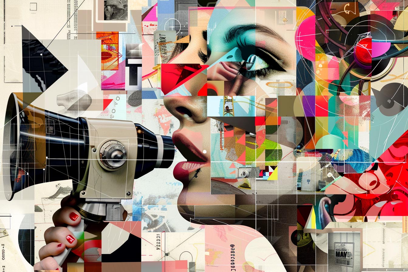 A collage illustrating a woman speaking into a megaphone, with colorful geometric patterns and text elements surrounding her.