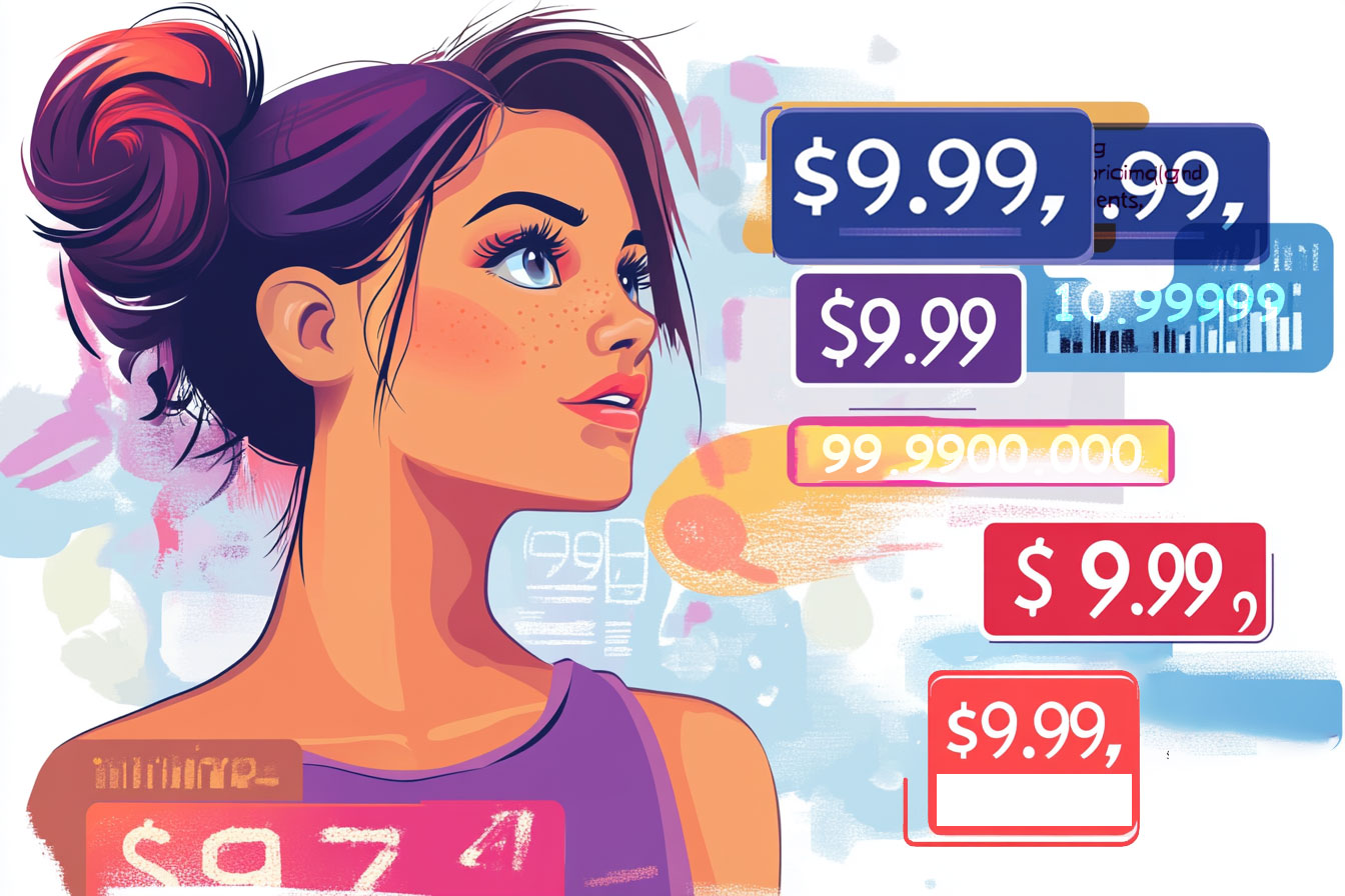 Illustration of a young woman with freckled skin and a bun hairstyle, surrounded by price tags in various formats.