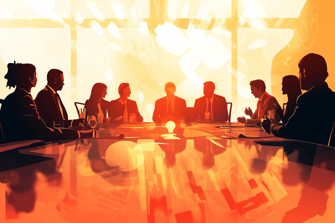 A diverse group of people engaged in a meeting around a large table in a bright, well-lit room.