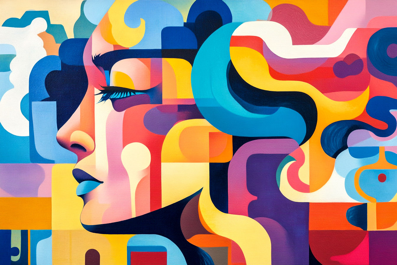 A colorful abstract portrait of a woman with vibrant patterns and shapes.