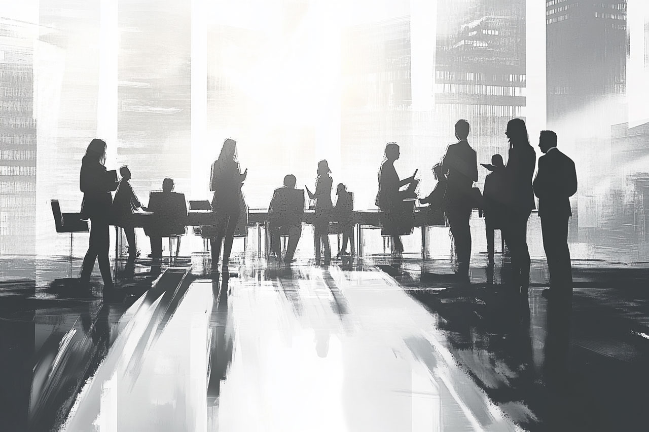 Silhouettes of professionals in a business meeting, engaged in discussion in a well-lit office environment