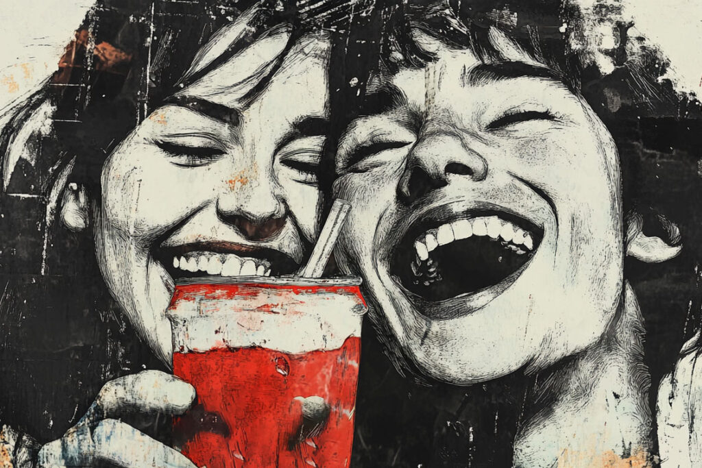 A man and a woman laugh joyfully while holding a red drink in a stylized illustration.