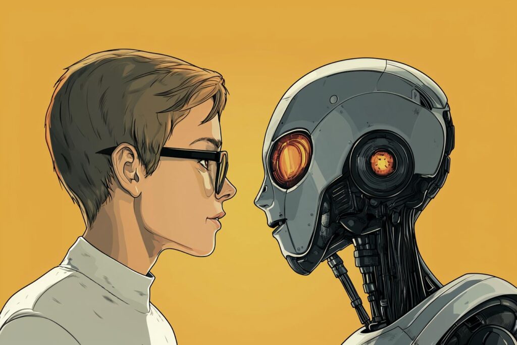 A side profile of a young person with glasses and a robot facing each other against a yellow background.