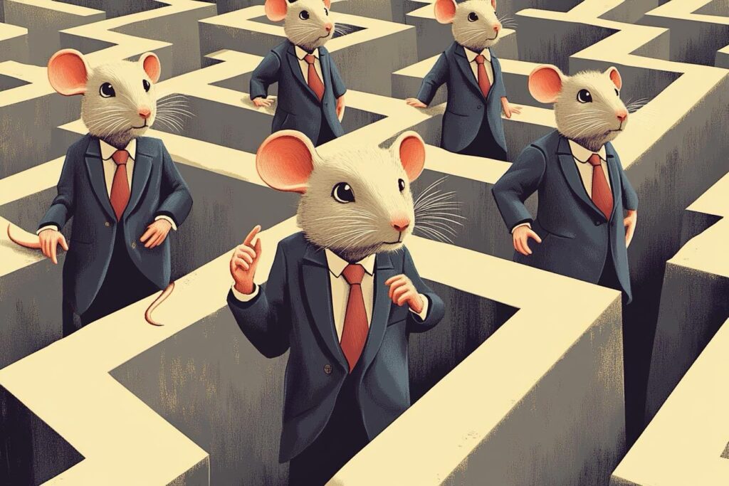 mice dressed like business people, walk in a maze
