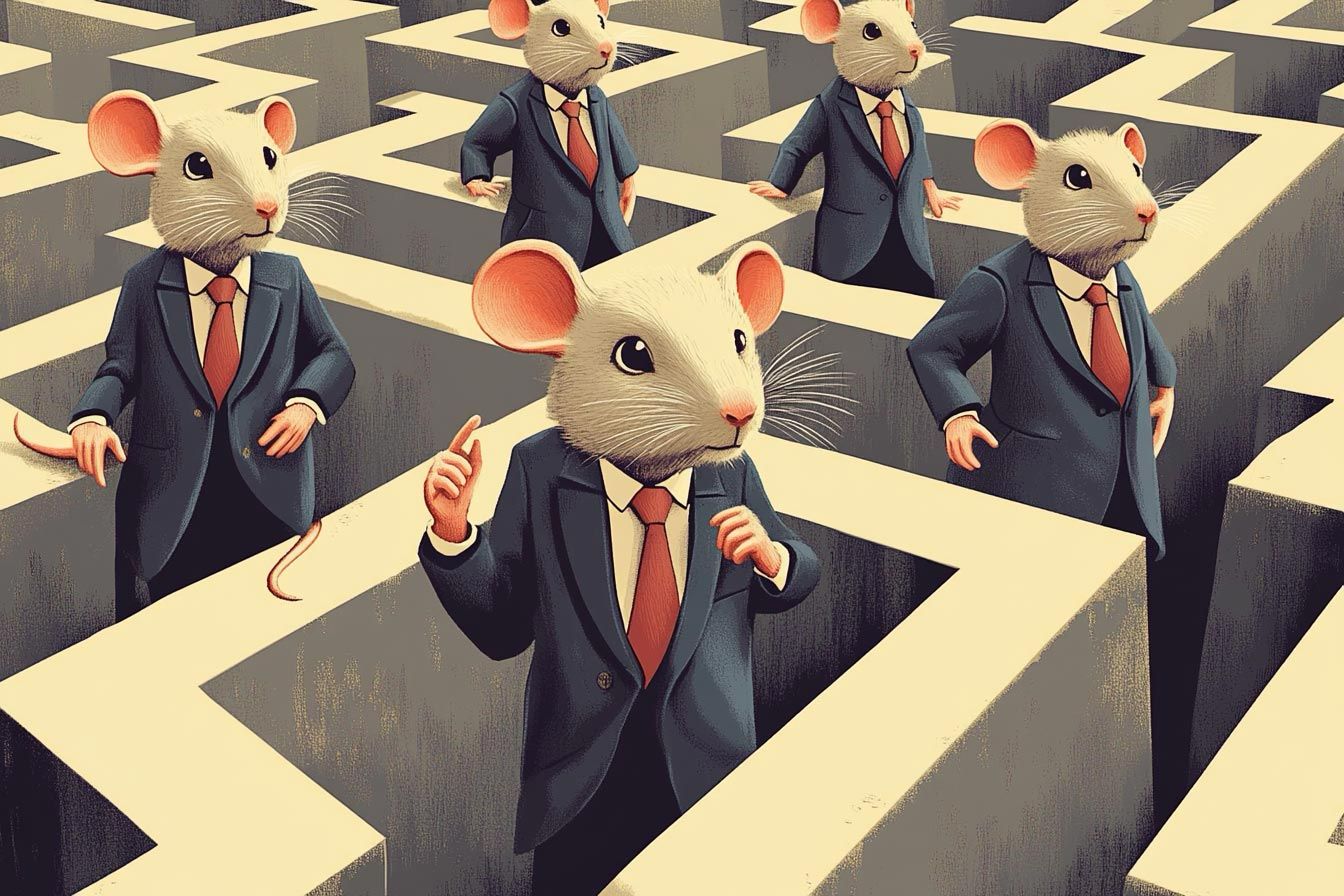 mice dressed like business people, walk in a maze