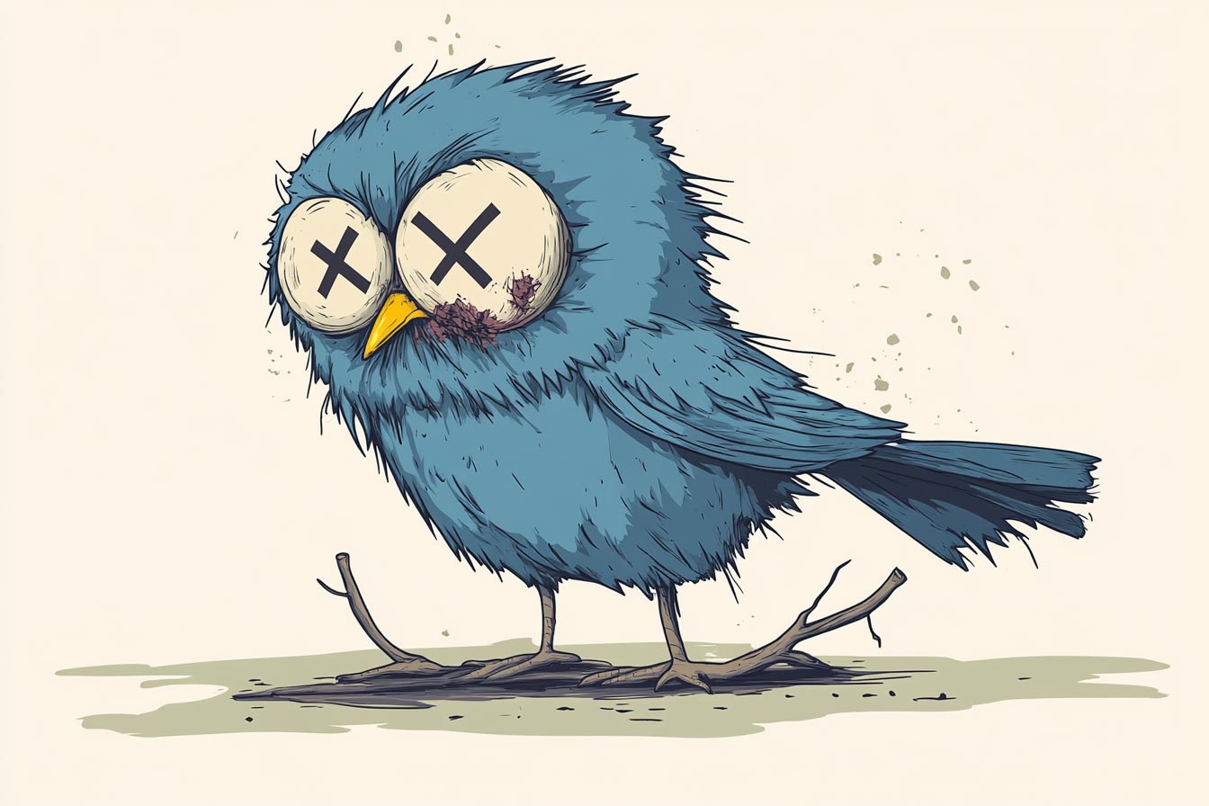 A cartoonish blue bird with X-shaped eyes and a small wound on its beak, standing on a branch.