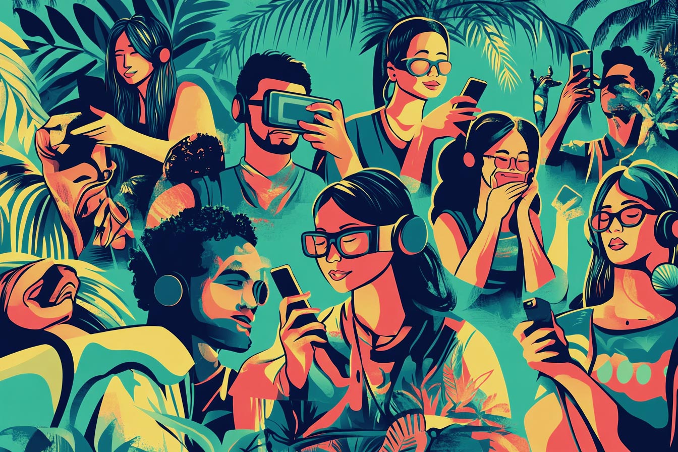 A vibrant illustration of diverse people using technology in a tropical setting, surrounded by plants and foliage.