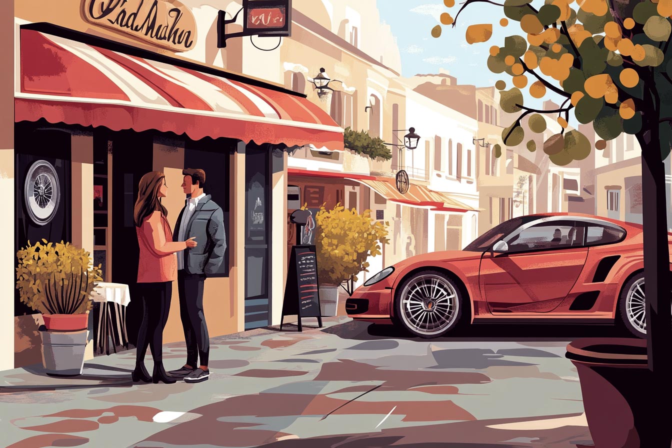 A couple converses outside a café with a red sports car parked nearby.