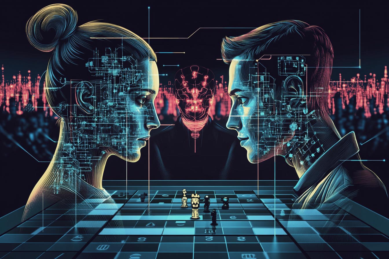 A digital artwork depicting a man and woman facing each other, with circuit patterns on their faces, over a chessboard.