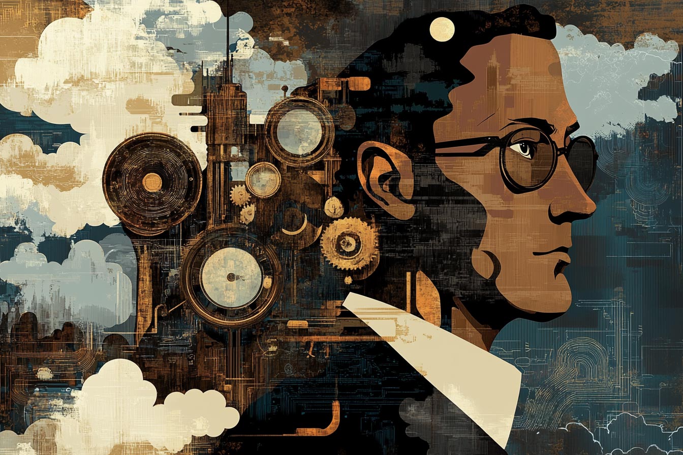 Vector illustration of a man with gears and clouds in the background, symbolizing innovation and technology.