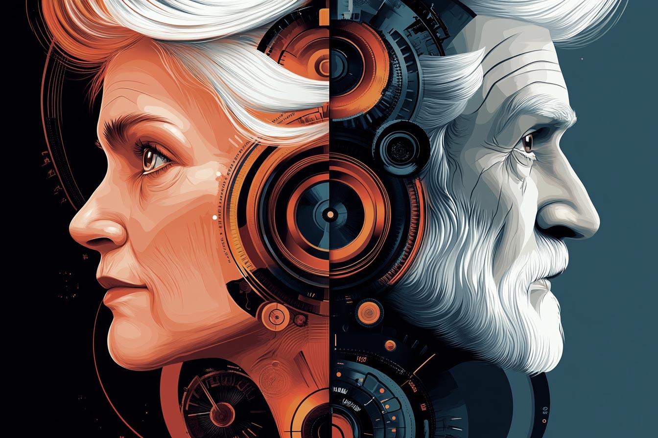 A split image showing a woman and an elderly man, both with futuristic elements and circular designs around their heads.