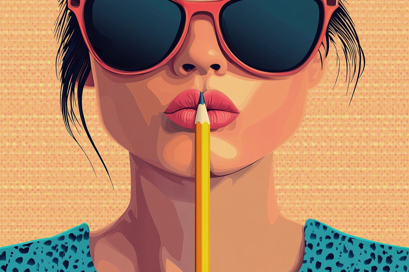 A woman wearing sunglasses holds a yellow pencil between her lips, with a textured orange background.