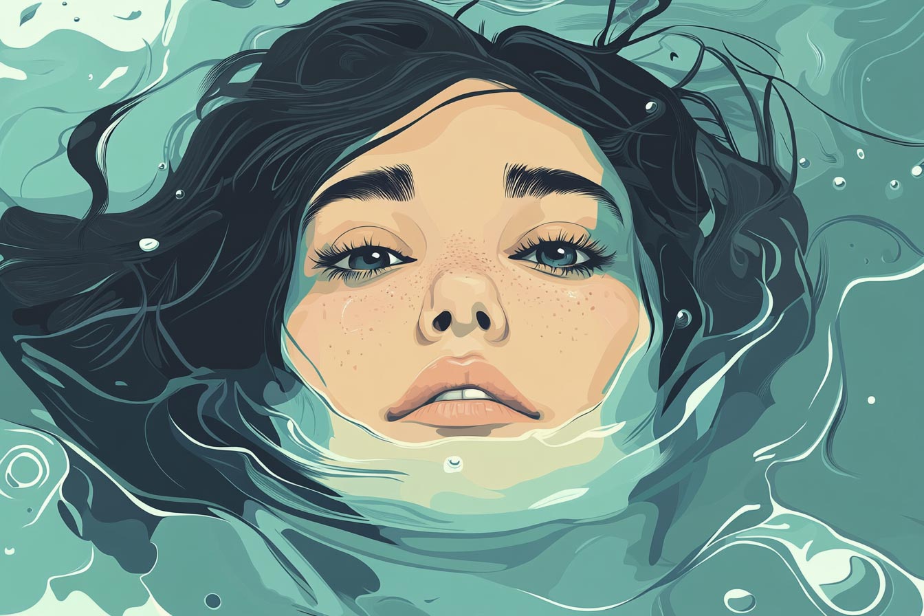 A person with dark hair submerged in water, gazing upward with a serene expression.