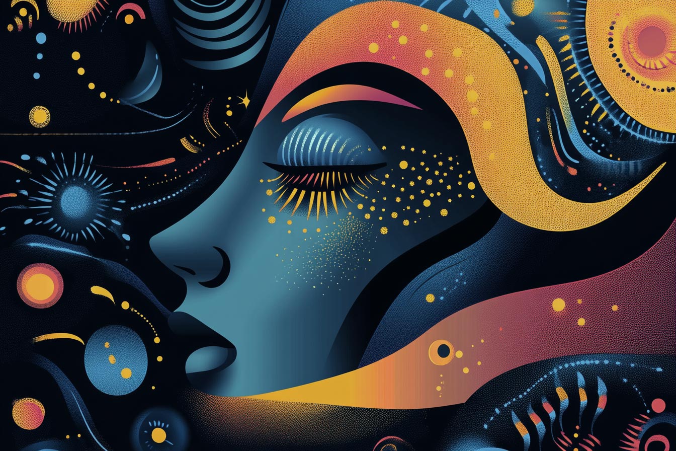 Abstract digital art of a woman's face with cosmic and celestial elements in dark tones with vibrant accents.