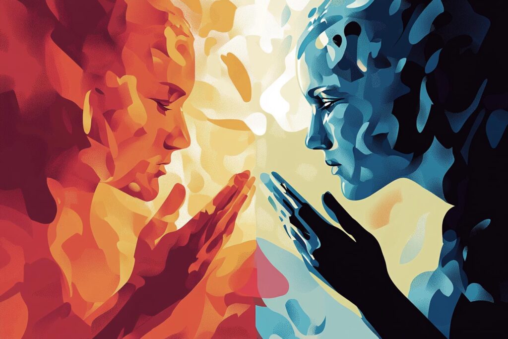 Digital artwork of two faces in profile, one in warm tones and the other in cool tones, facing each other with hands near their lips.