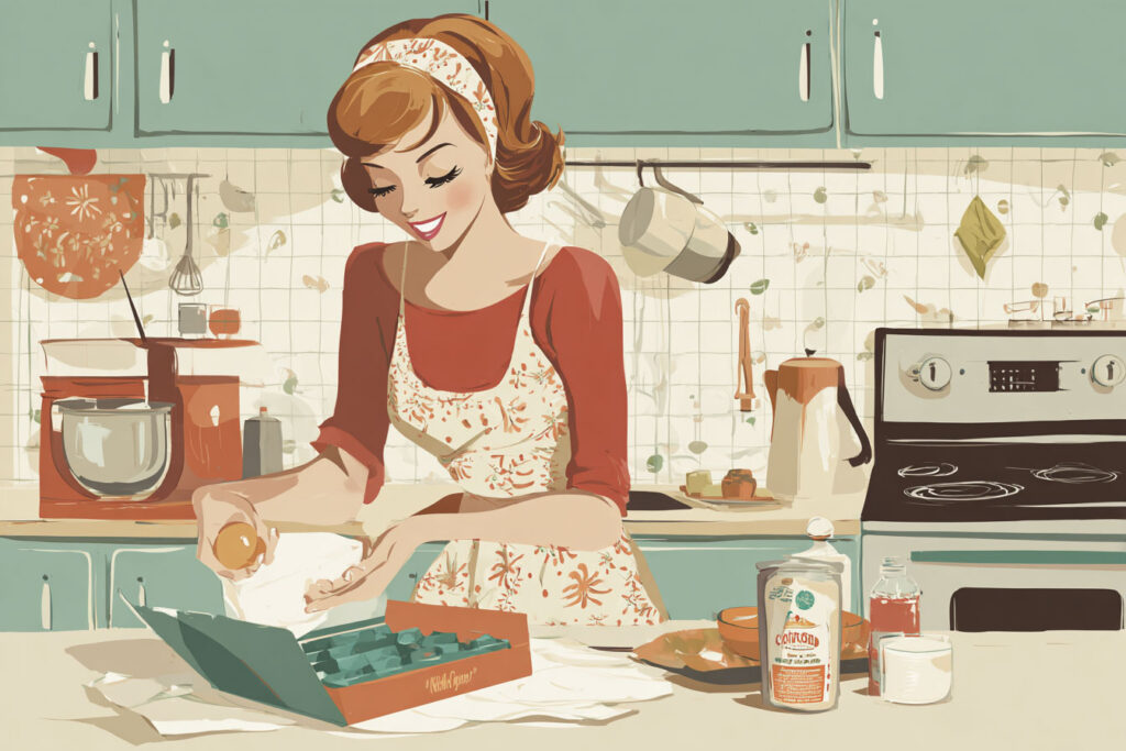 A woman in a vintage-style kitchen preparing baked goods, wearing a floral apron and headband, with baking ingredients and tools on the counter.