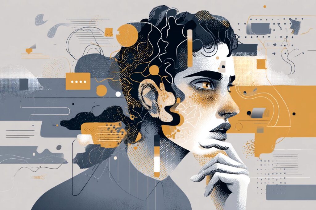 Abstract digital artwork of a woman's face with complex geometric and line elements.