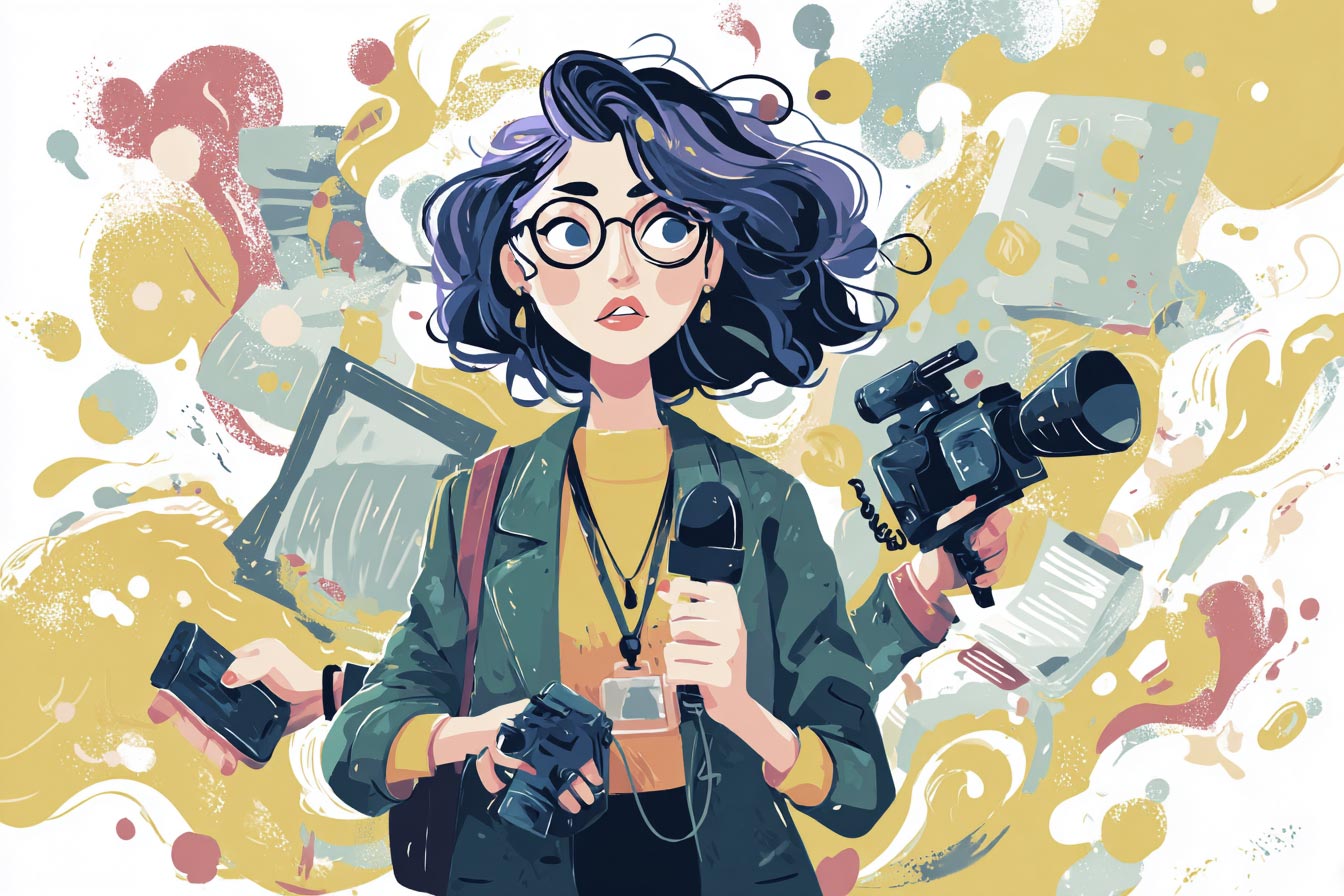 Illustration of a female journalist holding a microphone, camera, and smartphone, surrounded by media equipment and abstract background.