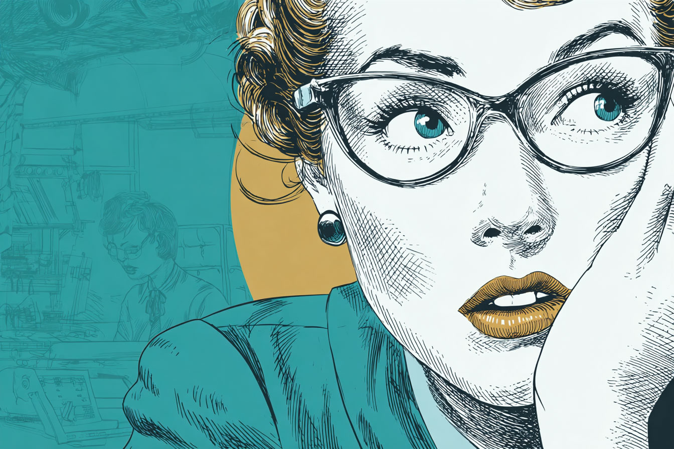A close-up illustration of a woman with glasses, gold lipstick, and earrings, with a background of a woman working at a desk.