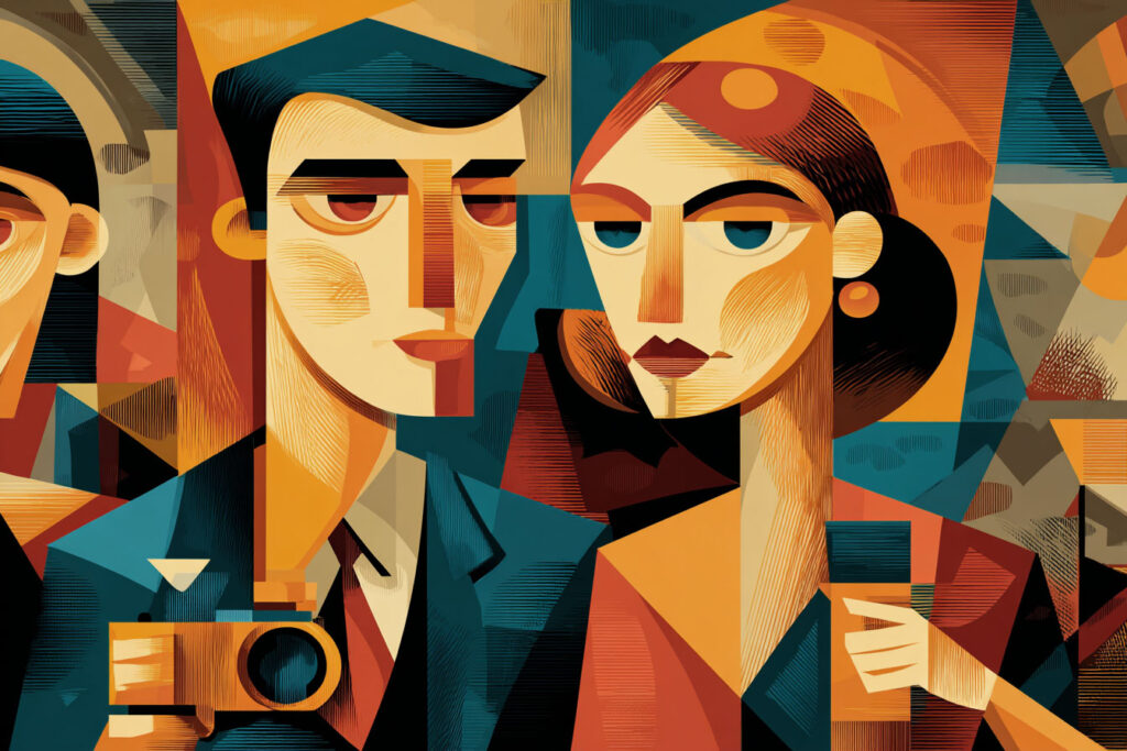 Abstract digital art with geometric shapes and warm colors.