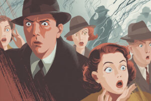 A group of people in vintage clothing with surprised expressions, set against a background of leafless trees and fog.