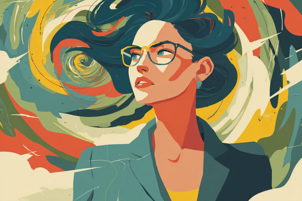 Digital illustration of a woman with glasses and flowing hair against a swirling, colorful background.