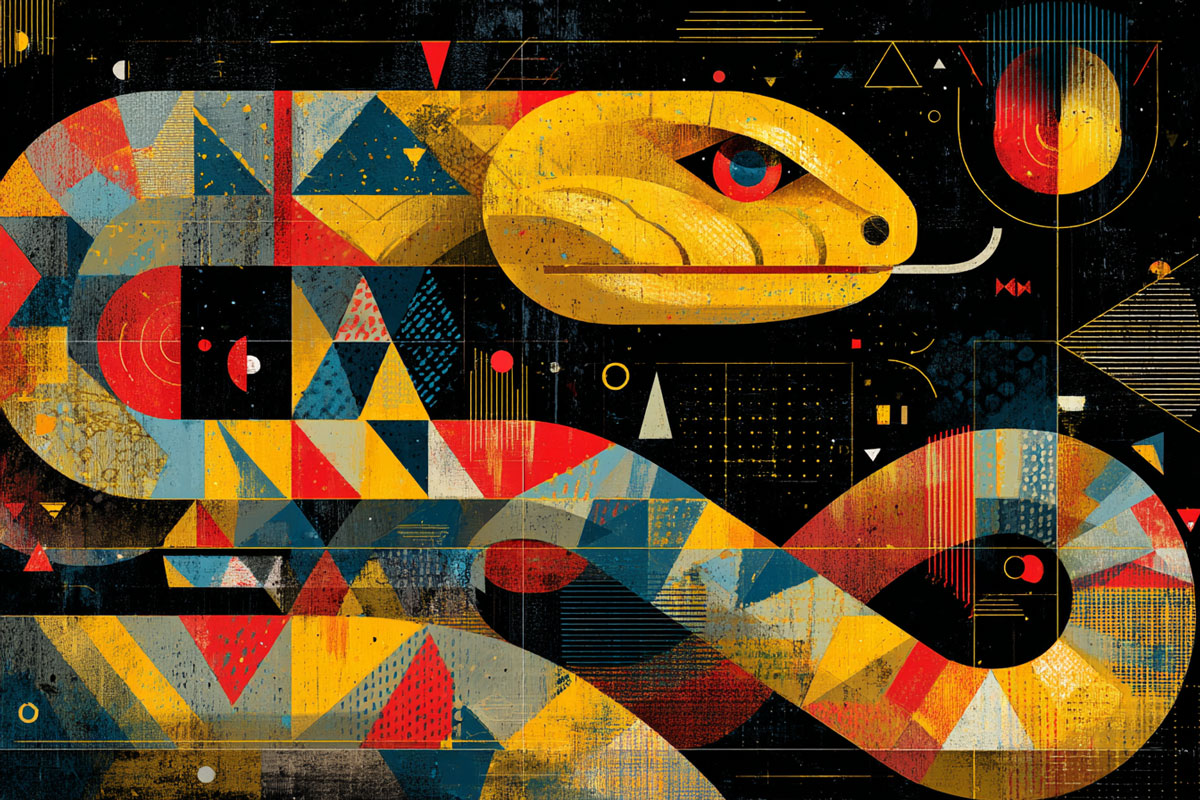 Colorful geometric snake illustration with a detailed yellow head and red eye on a black background.